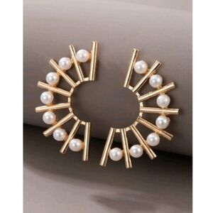 NEW! Anthropologie Pearl Geometric Art Deco Mid-Century Gold Plated Earrings